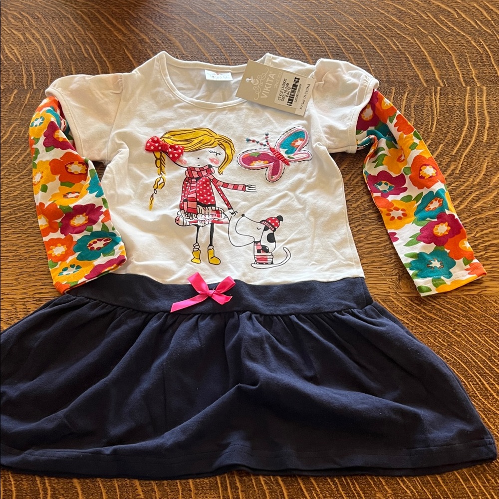 White Floral-Sleeve Girls' Casual Dress with Navy Skirt